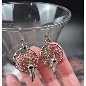 VTG Silver Tone Dreamcatcher Earrings‎ Purple Stone Native American Style Boho